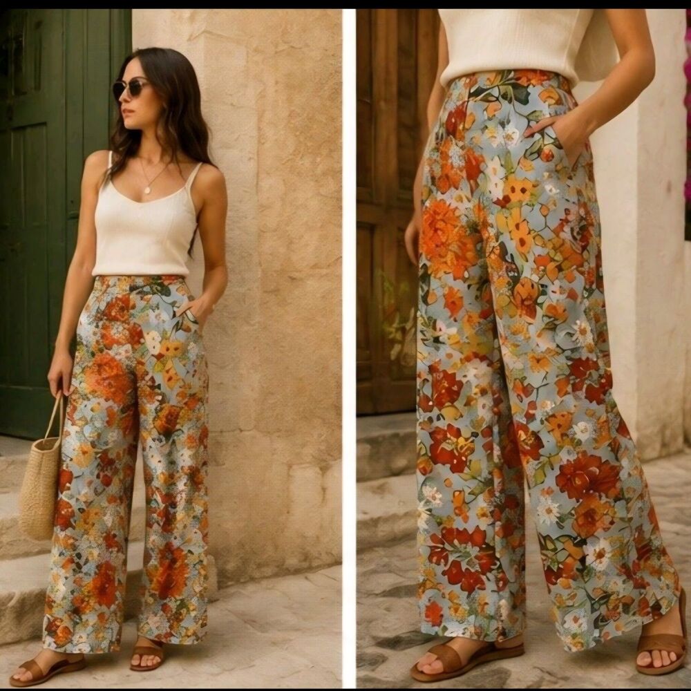 Zara Floral Wide Leg Palazzo Pants Women’s Small Boho Coastal Euro Summer